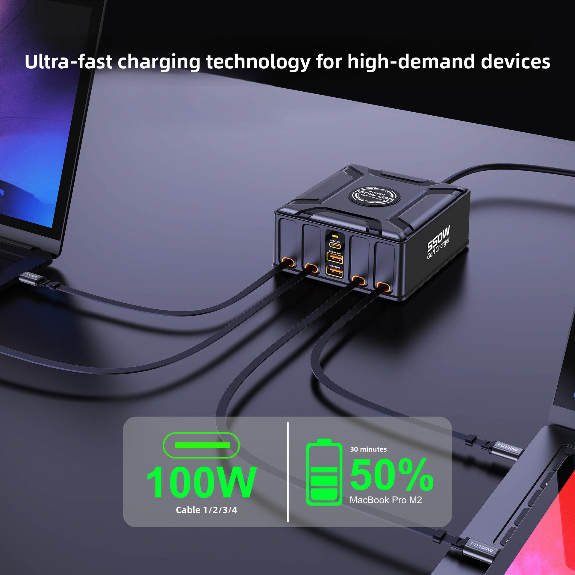 Deskfriend Multi-Port Fast Charger charging a laptop, phone, and tablet at once