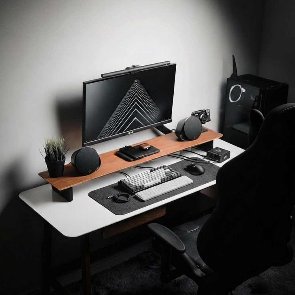 Desk setup with wrist pad and GaN charger