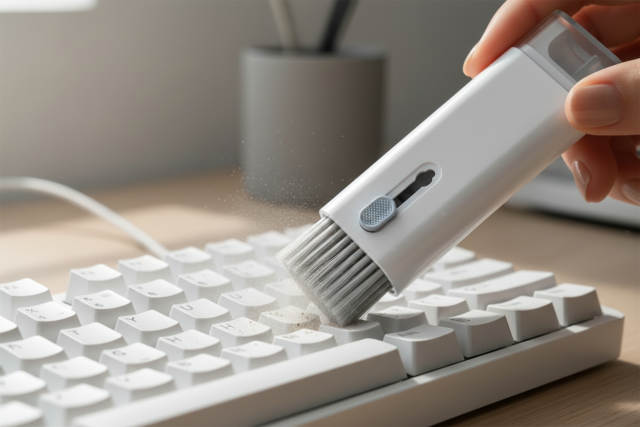 Deskfriend white cleaning brush on mechanical keyboard lifestyle shot